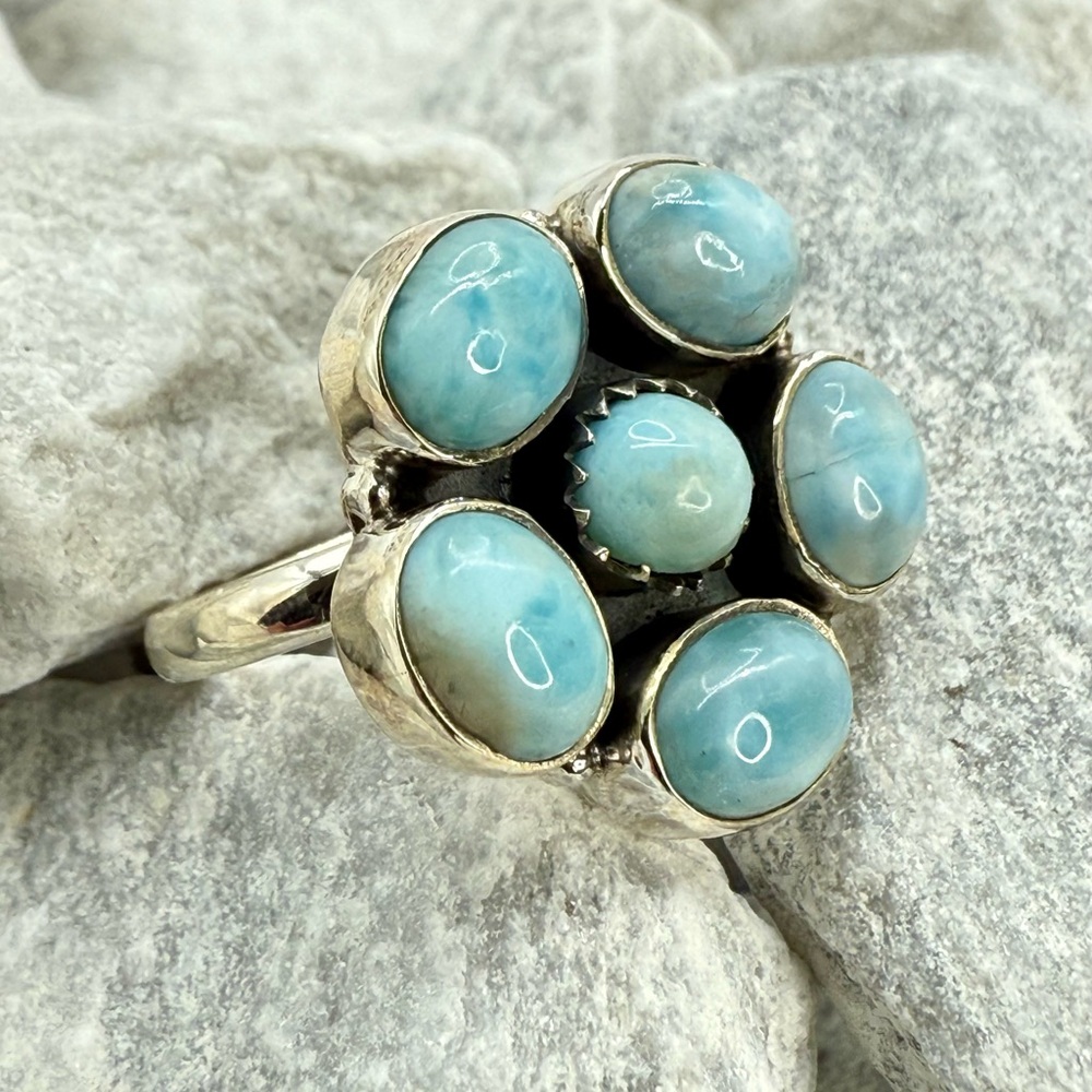 Sterling Silver Larimar Floral Cluster Ring Size 10 Boho Southwestern 925 - Picture 1 of 17